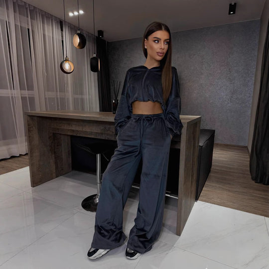 Damen luxuriöses Velours-Cropped-Hoodie und High-Waist Weite Jogginghose Set EB
