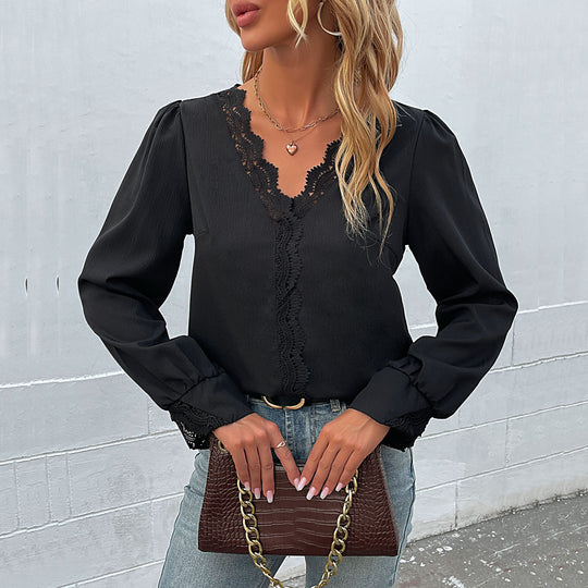 Damen elegant geschnittene Bluse mit Spitzenverzierungen und Volantärmeln EB