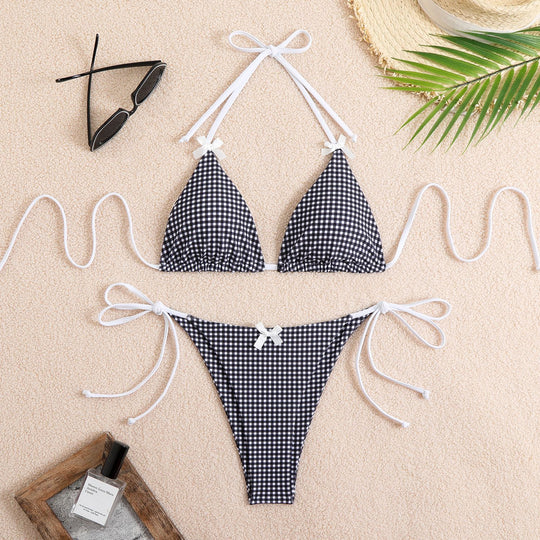 Damen Triangel-Bikini mit verspieltem Karomuster und schmalen Bindebändern EB