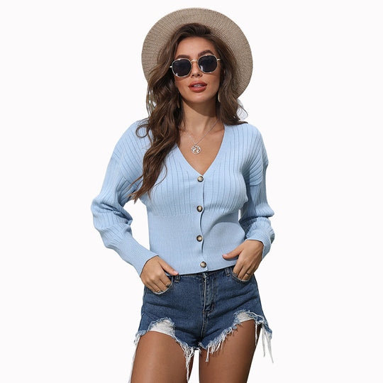 Damen Strickjacke mit V-Ausschnitt und Knöpfen EB