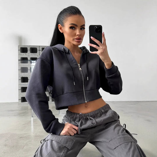 Damen Cropped Kapuzenjacke mit kurzem Reißverschluss und breitem Rippbund EB