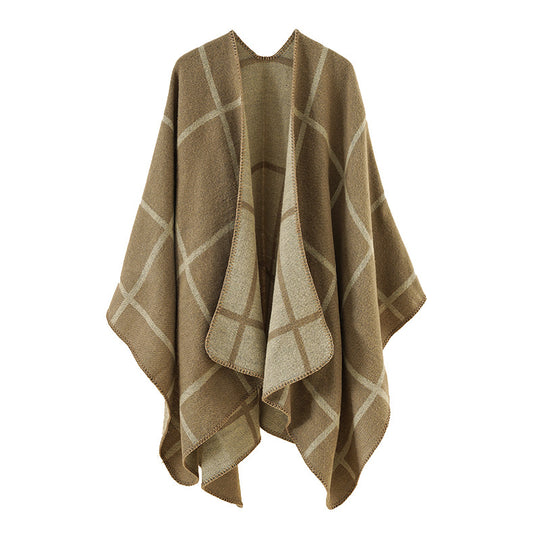 Damen Offener Wollmix-Poncho im Cape‑Stil mit dezentem Karomuster EB