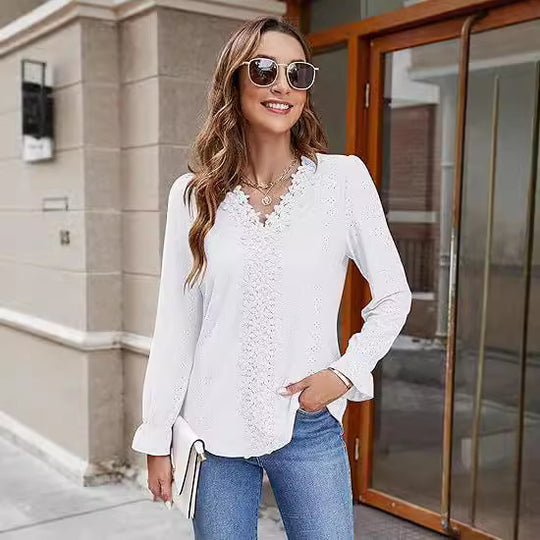 Damen elegante Bluse mit floralem Design und V-Ausschnitt EB