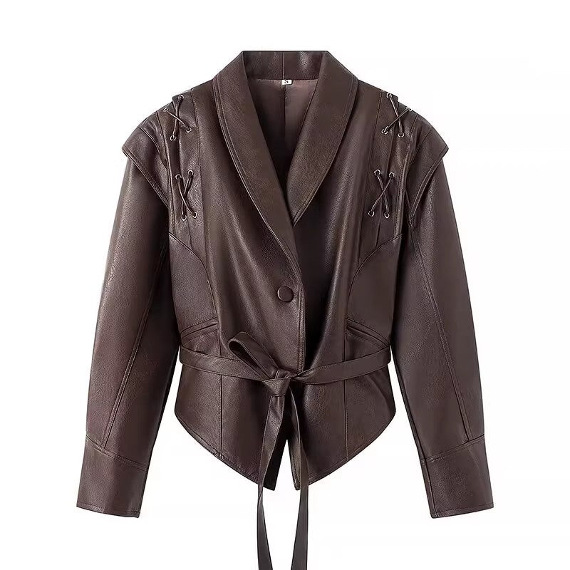 Damen Kunstlederjacke mit edlem Bindegürtel und raffinierten Schnürdetails EB