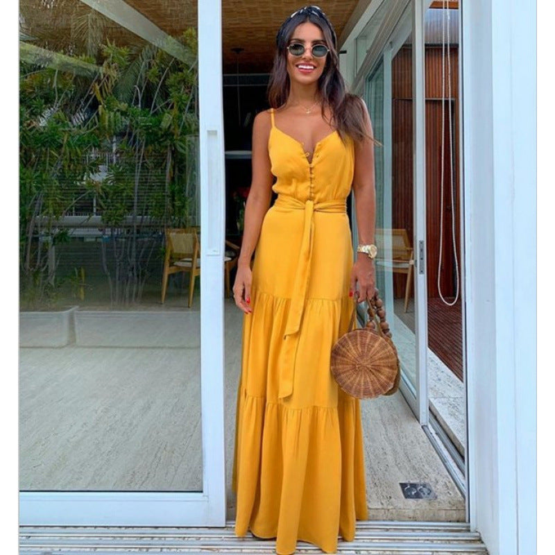 Damen Maxi-Kleid mit knöpfbarem Ausschnitt und Taillengürtel EB