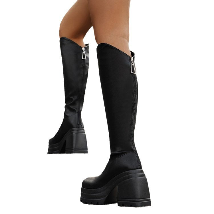 Damen  kniehohe Plateau-Stiefel mit grober Traktorsohle und elastischem Schaft EB