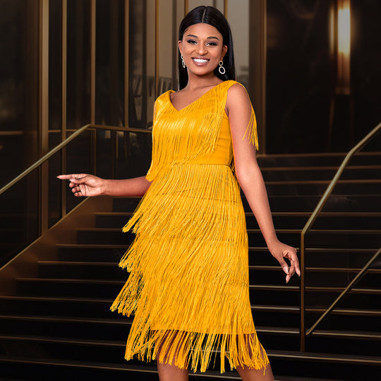 Damen Fransen Kleid mit elegantem V-Ausschnitt und schwingendem Saum EB