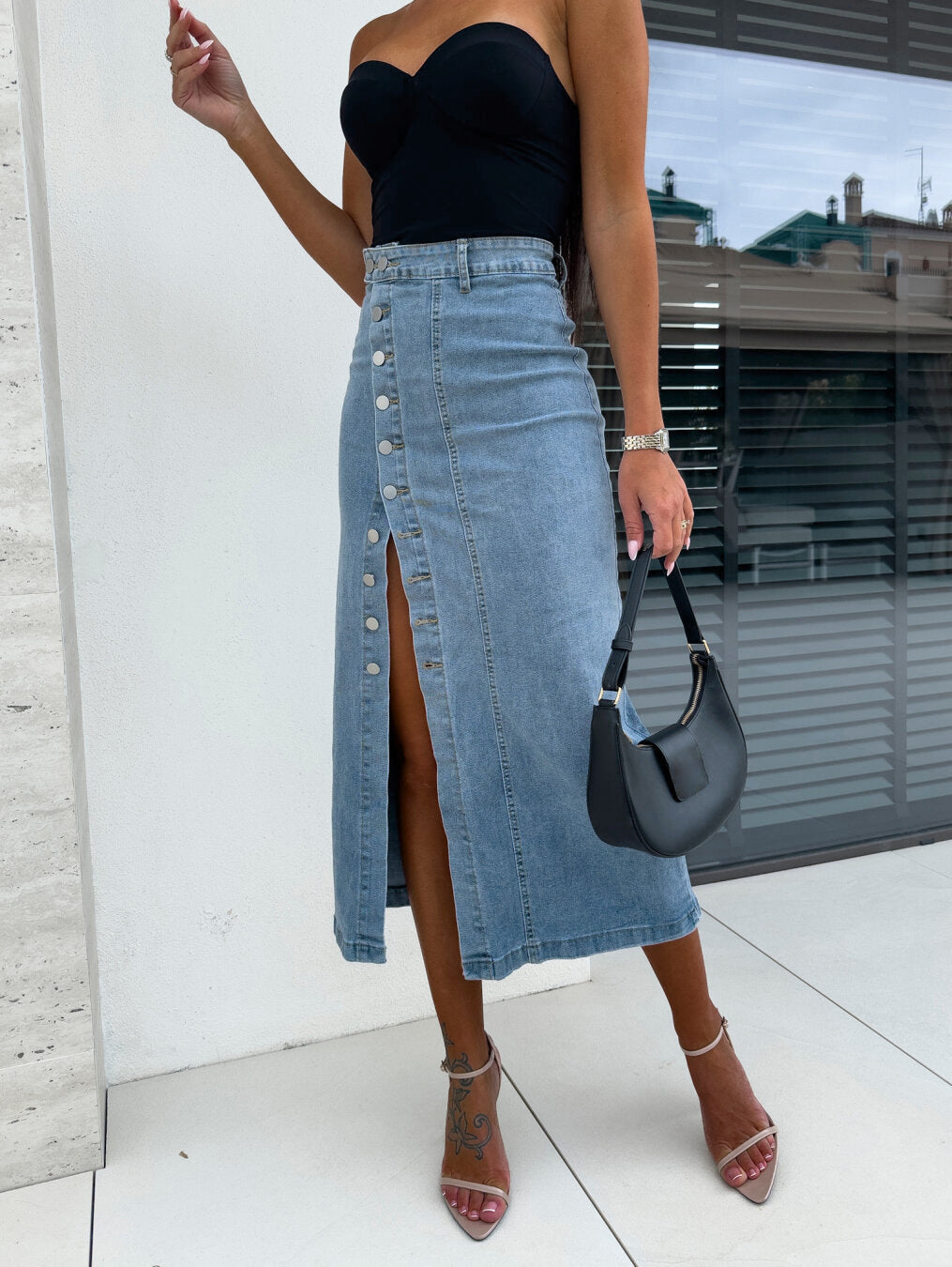 Damen Midi-Rock mit seitlichem Schlitz und Knopfdetail EB