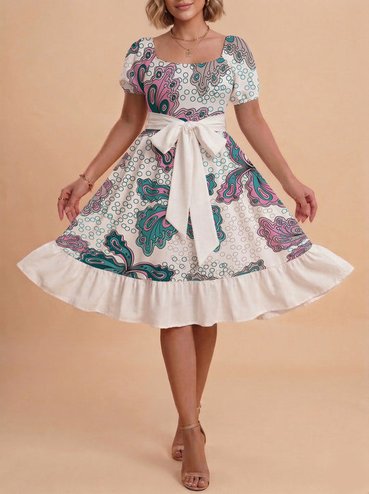 Damen modernes Blumenkleid mit elegantem Taillengürtel und asymmetrischem Saum EB