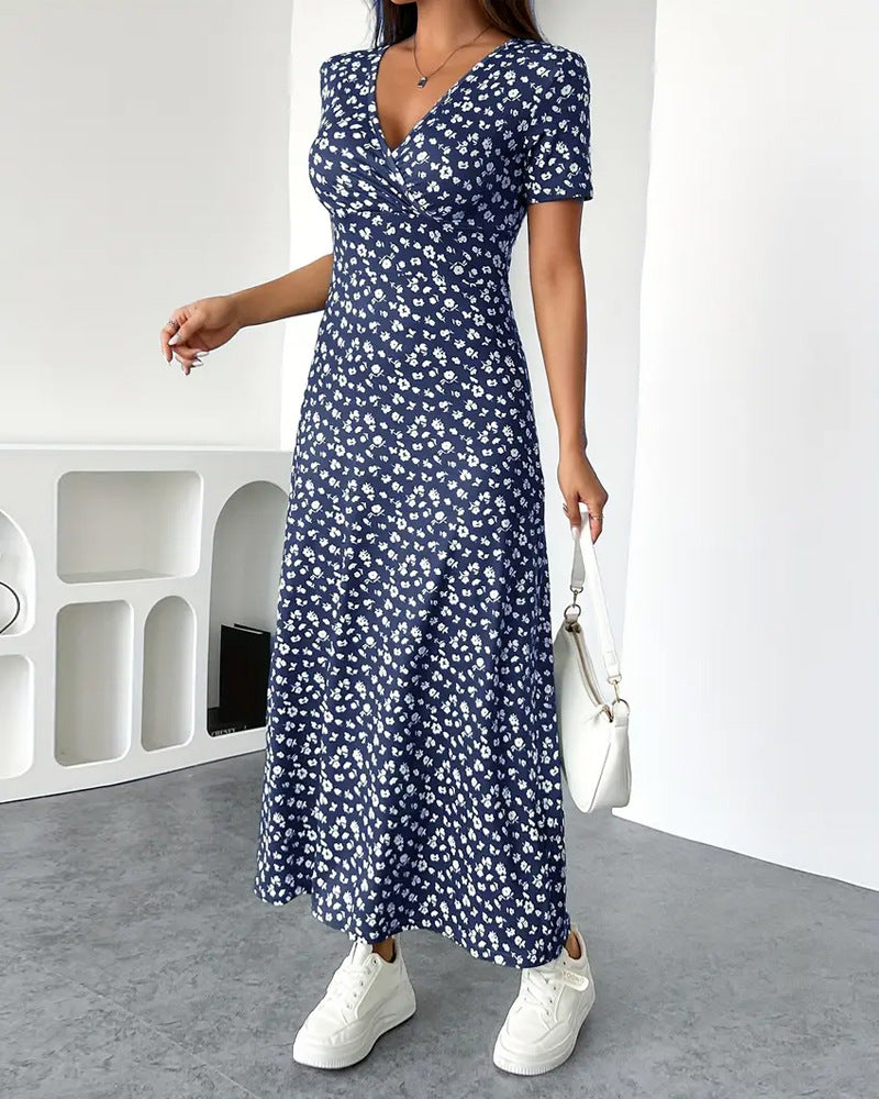 Damen nan tailliertes V-Ausschnitt Wickeloptik Maxikleid aus Viskosejersey mit kurzen Ärmeln und A-Linien-Saum EB