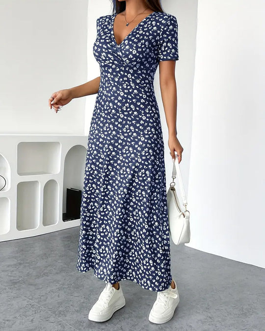 Damen nan tailliertes V-Ausschnitt Wickeloptik Maxikleid aus Viskosejersey mit kurzen Ärmeln und A-Linien-Saum EB