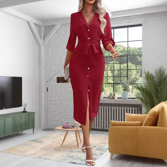Damen Hemdblusenkleid mit Taillengürtel, Umschlagärmeln und vorderem Schlitz EB