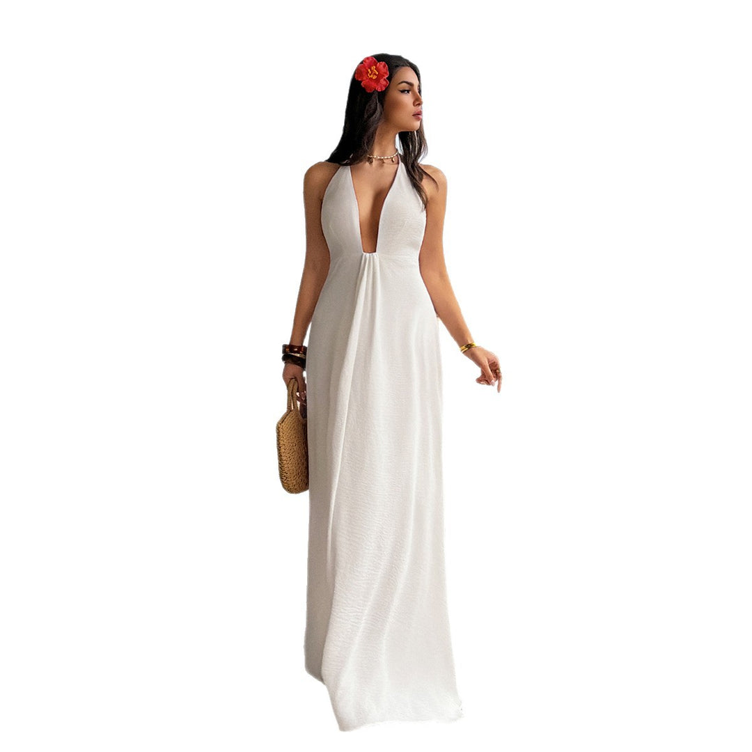 Damen Maxi-Urlaubs- und Strandkleid mit tiefem V-Ausschnitt und Rückenlöcher EB