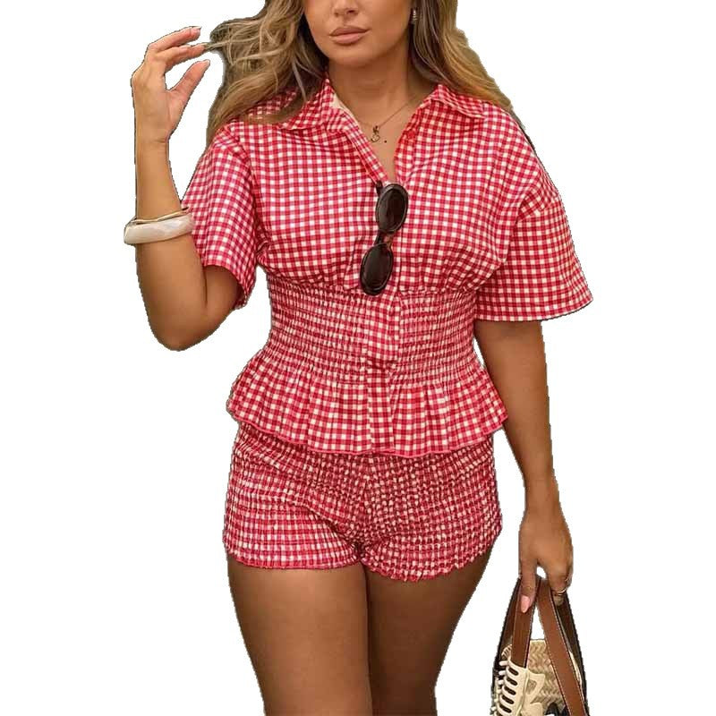 Damen Zweiteiliges Karomuster-Set mit taillierter Bluse und sportlichen Shorts EB