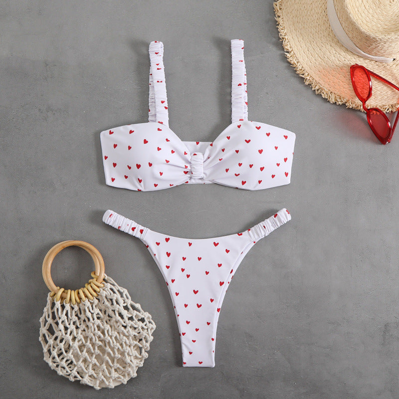 Damen Triangel-Bikini mit tropischem Druck und zarten Rüschen EB