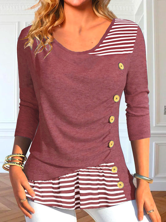 Damen Langarmshirt mit Knopfdetails und gestreiftem Saum EB