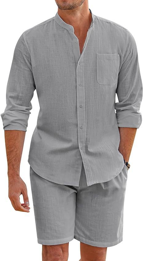 Herren nan Leinenoptik-Zweiteiler mit Stehkragen-Hemd, Brusttasche und legeren Shorts EB