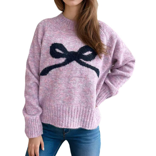 Damen gemütlicher Pullover mit verspieltem Schleifenmotiv EB