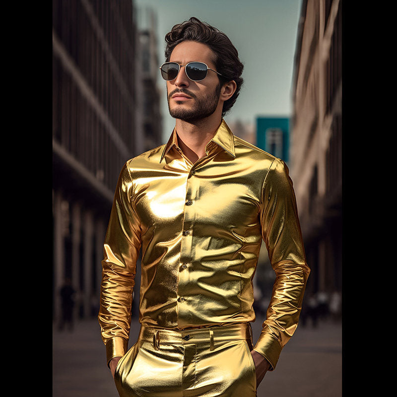 Herren glänzendes Langarmhemd mit stylischem Schnitt EB