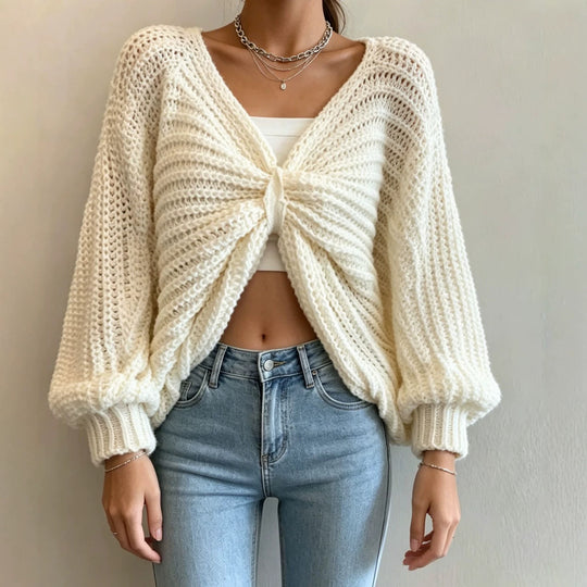Damen Cropped Strickcardigan mit Knotendetail und Ballonärmeln EB