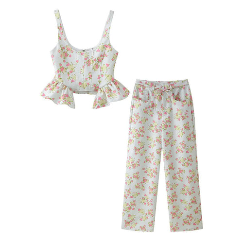 Damen Blumenmuster Crop-Top und Hose Set EB