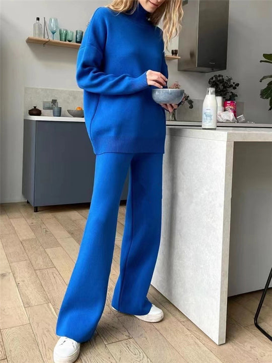 Damen Lässiges Strickset mit hohem Kragen und weitem Bein EB