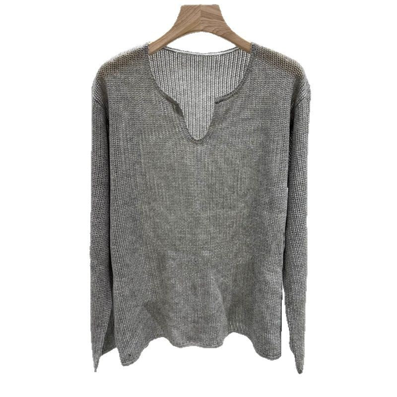 Damen luftiger Strickpullover mit V-Ausschnitt und lässigem Schnitt EB