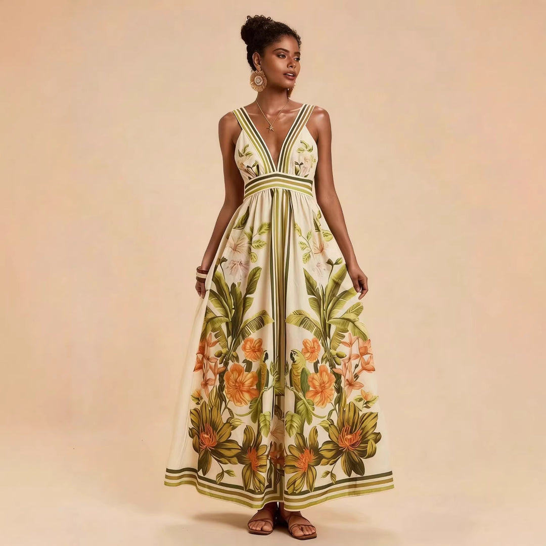 Damen Maxikleid mit tiefem V-Ausschnitt und floralem Design EB