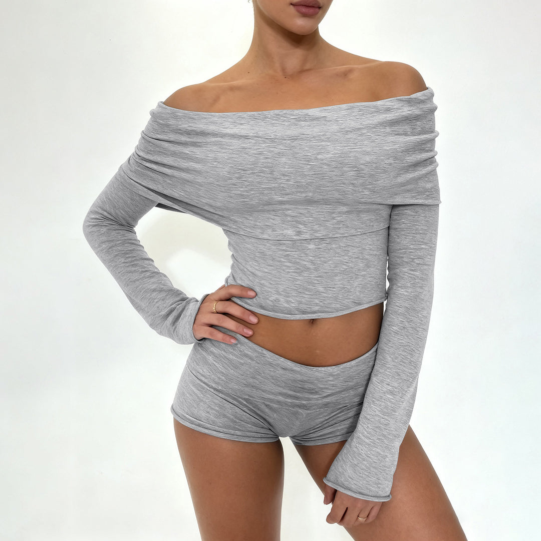 Damen nan Off-Shoulder Lounge-Set mit Langarm-Croptop und Highwaist-Shorts aus Stretchjersey EB