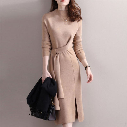 Damen Elegantes Strickkleid mit seitlichem Schlitz und tailliertem Gürtel EB