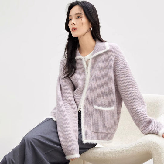 Damen Flauschiger Strickcardigan mit praktischen Taschen und hohem Kragen EB