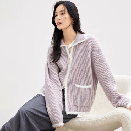 Damen Flauschiger Strickcardigan mit praktischen Taschen und hohem Kragen EB