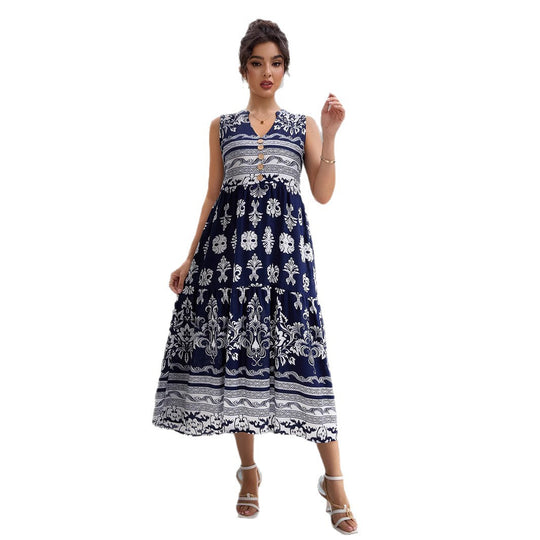 Damen Maxikleid mit elegantem V-Ausschnitt und grafischem Muster EB