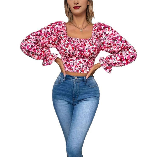 Damen Off-Shoulder Bluse mit Puffärmeln und floralen Mustern EB