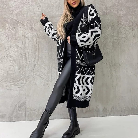 Damen Grobstrick-Cardigan mit grafischem Muster und offenem Schnitt EB