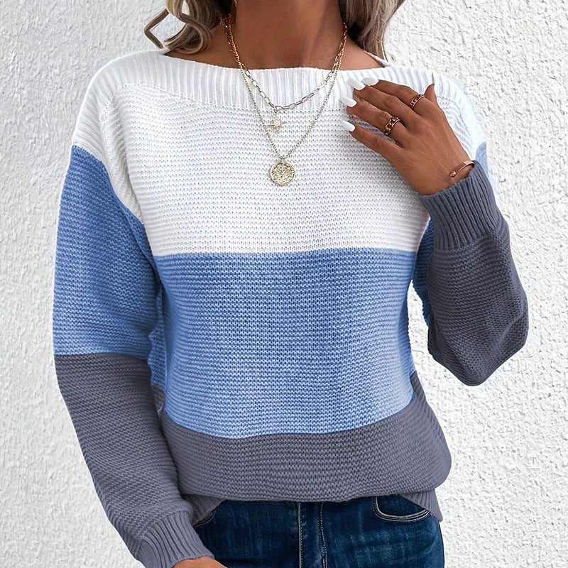Damen bequemer Strickpullover mit modernem Farbblockdesign und lässigem Schnitt EB