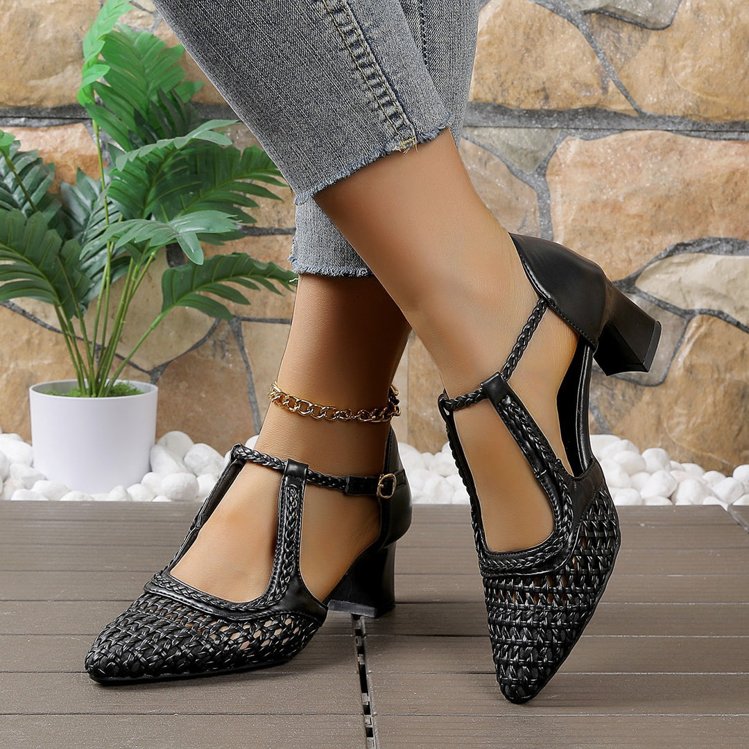 Damen elegante T-strap Sandaletten mit geflochtenem Design und komfortablem Blockabsatz EB