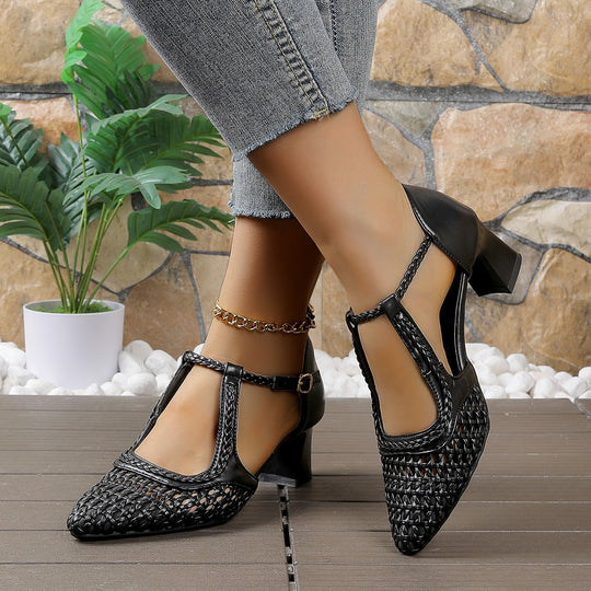 Damen elegante T-strap Sandaletten mit geflochtenem Design und komfortablem Blockabsatz EB