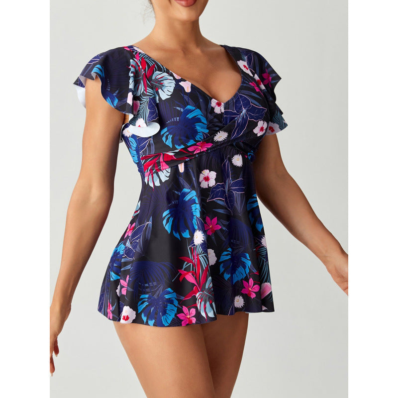 Damen Einteiler Badeanzug mit femininer Raffung und floralem Design EB