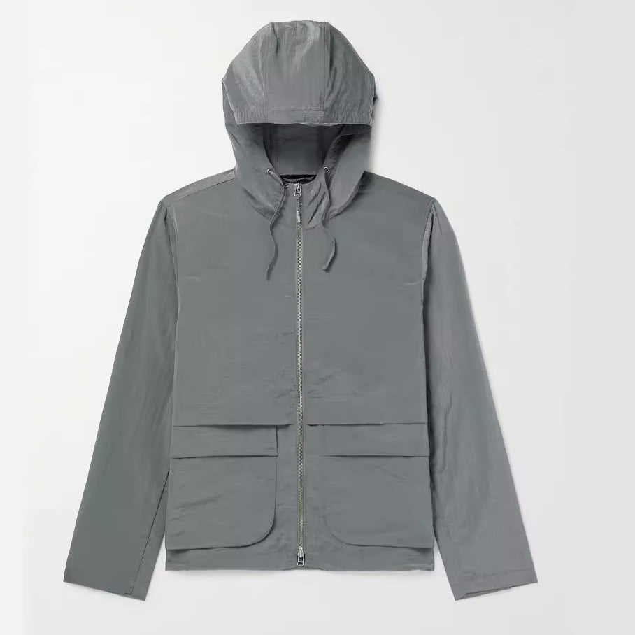 Herren leichte Outdoor-Jacke mit verstellbarem Kapuzenkragen und großen Taschen EB