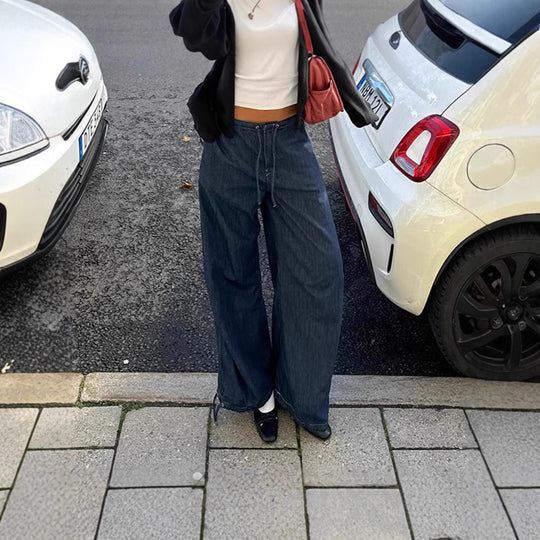 Damen Weite Jeans mit elastischem Taillenbund und verstellbarem Saum EB