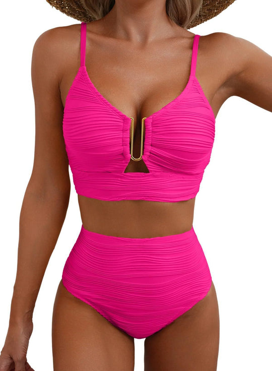 Damen Hochgeschnittener Bikini mit modischem Plissee-Design EB
