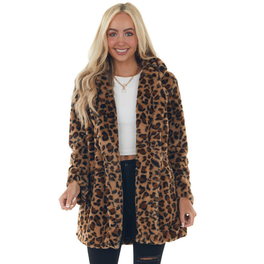 Damen Gemütliche Leopard-Fleecejacke mit offenem Kragen EB