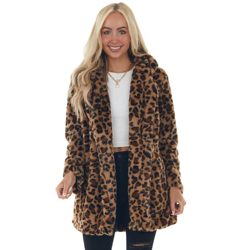 Damen Gemütliche Leopard-Fleecejacke mit offenem Kragen EB