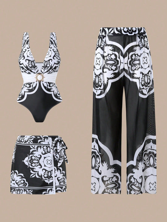 Damen Eleganter Badeanzug mit passendem Strandhosen-Set EB