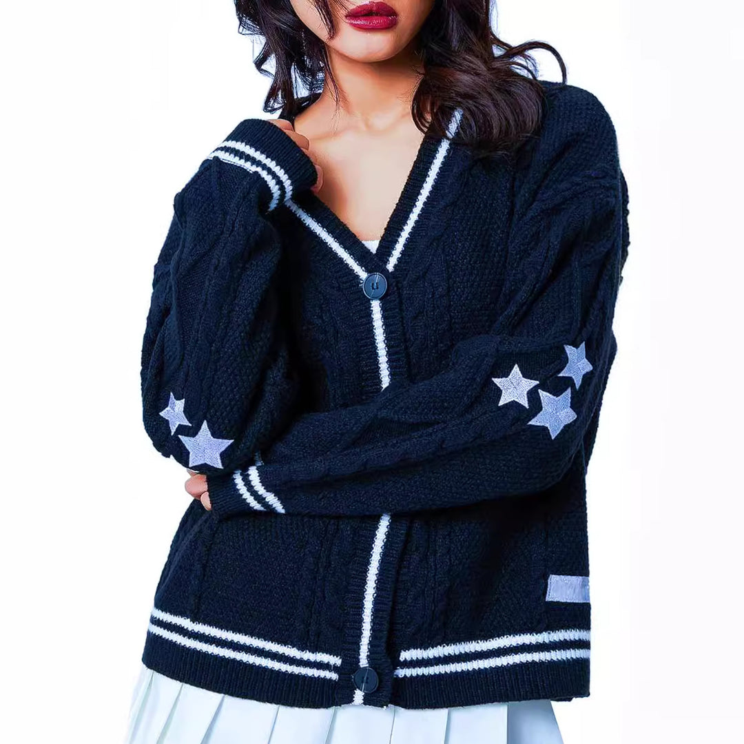 Damen Grob gestrickte Cardigan mit Sternenapplikationen und Knopfverschluss EB
