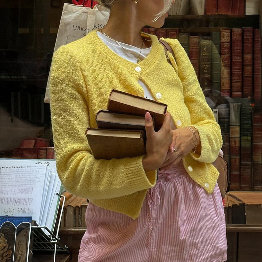 Damen nan kurze Bouclé-Cardigan im Vintage-Stil mit Perlmuttknopfleiste und kastiger Passform EB