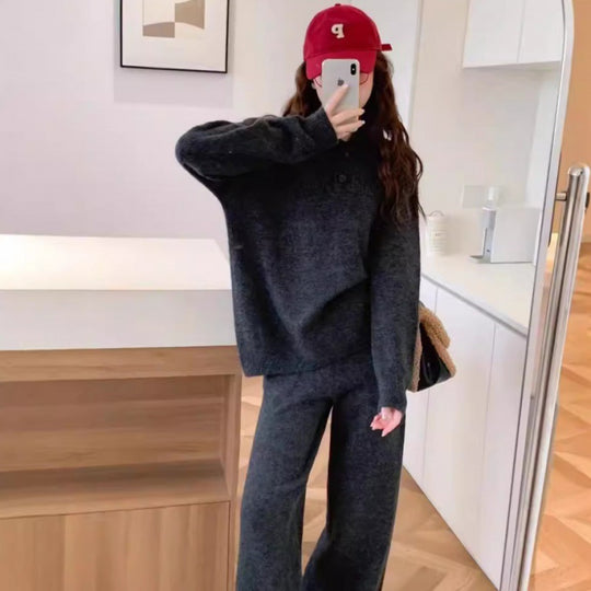 Damen Strickstil-Pullover mit integriertem Kragen und Knopfverschluss EB