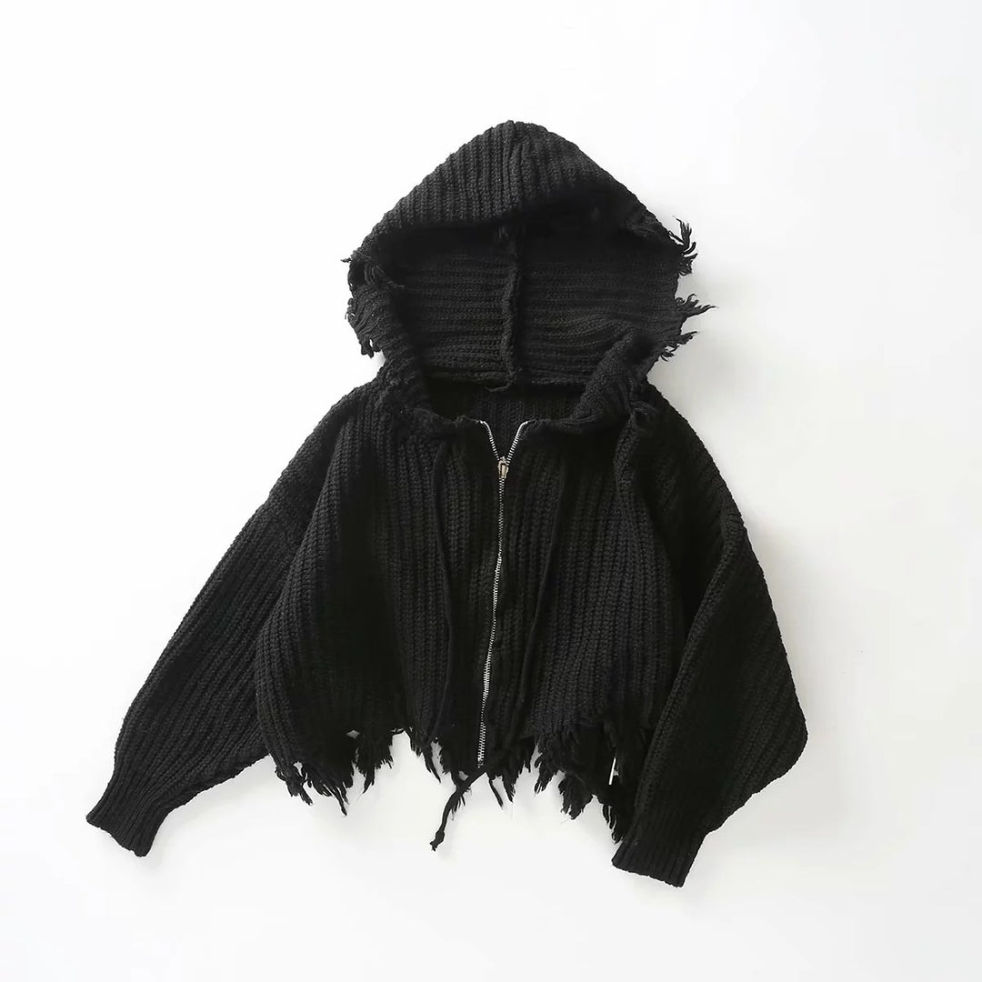 Damen lockerer Strickhoodie mit Übergroßer Kapuze und Fransen EB