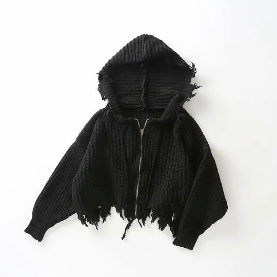 Damen lockerer Strickhoodie mit Übergroßer Kapuze und Fransen EB